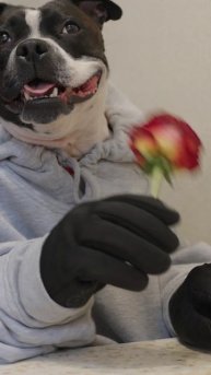 Самая нежная реакция на подарок: Собака и ее цветы. 🐶🌼 #стаффи #цветы #цветок #роза #розочка #букет