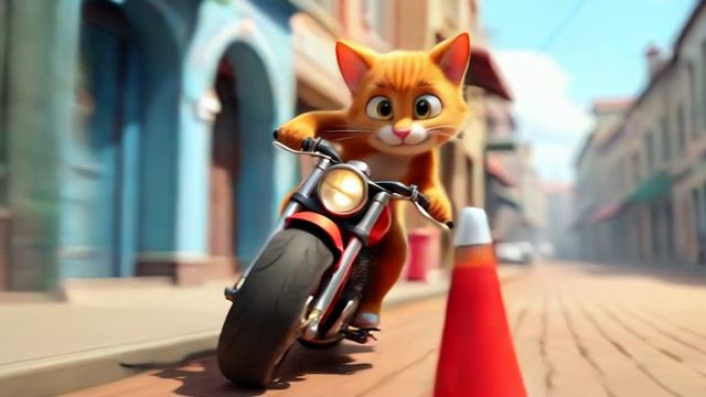 котик гоняет на мотоцикле