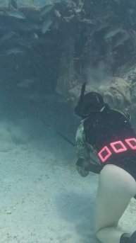 Девушка стреляет в морского окуня-Голиафа