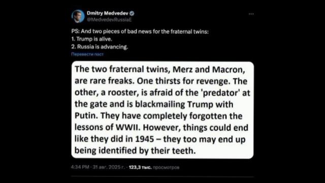🇷🇺🖕🇫🇷 «Два брата-близнеца, Мерц и Макрон, — редкие уроды», — зампред Совбеза России Медведев.