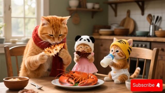 Котёнок, мама кошка и рыжая сестрёнка.