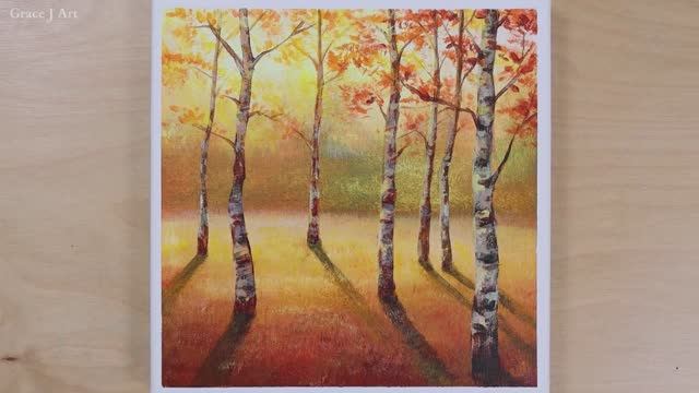 Осенний пейзаж с березовым лесом / Акриловая живопись для начинающих