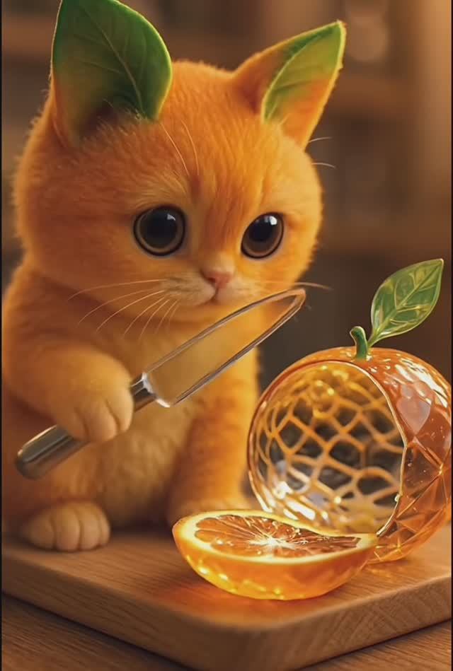 Котёнок разрезает апельсин