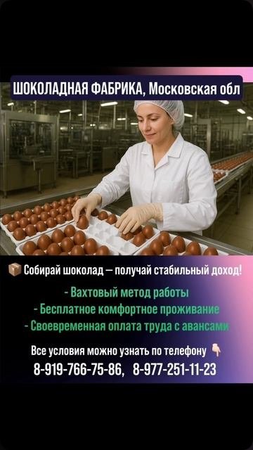 🍫 Шоколадная фабрика набирает упаковщиц! Вахта, жильё, своевременные выплаты, авансы каждую неделю