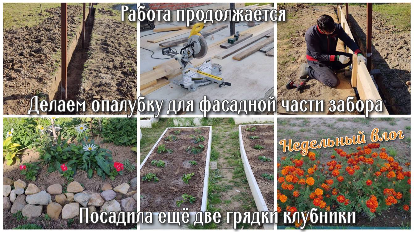 НЕДЕЛЬНЫЙ ВЛОГ. Делаем опалубку для фасадной части забора. Посадила ещё две грядки клубники 🍓