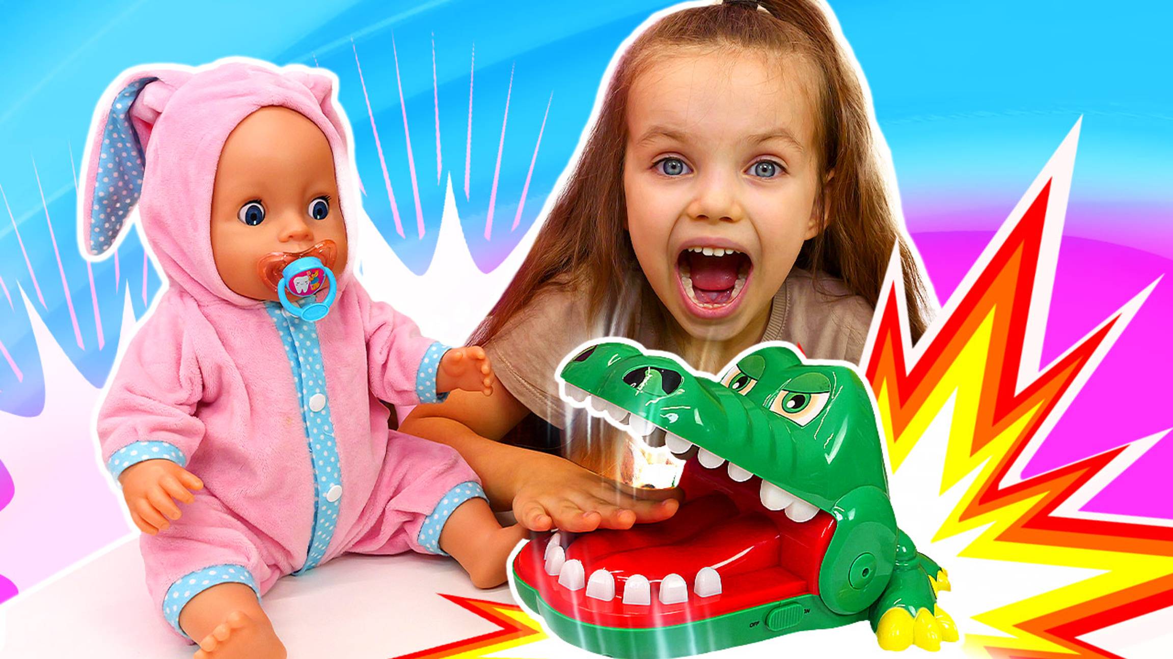 Пупс Лина учится чистить зубки, а затем играем в крокодила!
