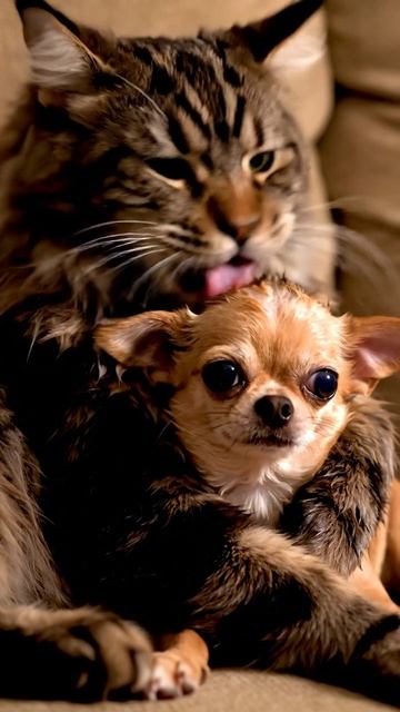 Кот вылизал щенка до блеска 🐾😍 Самое милое, что вы увидите сегодня! #кот #щенок #милыеживотные