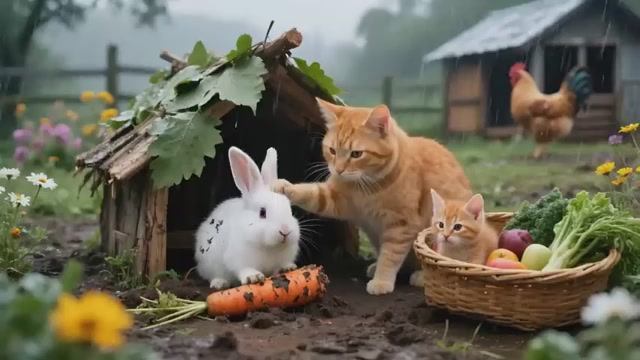 Мама-кошка спасает брошенного кролика🐰🥰