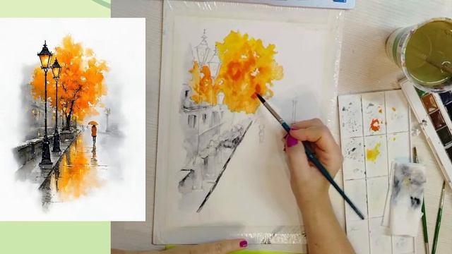 Акварель.Фонари.Дождь.