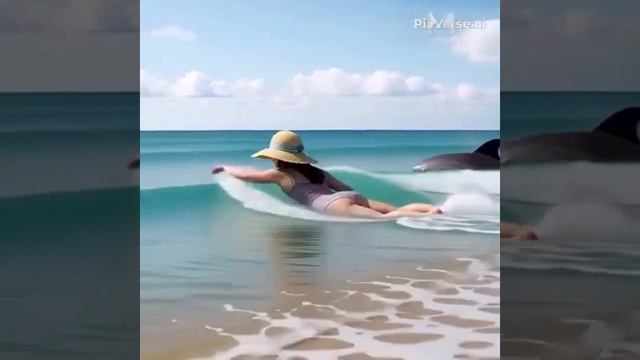 Девушка купается с дельфином в море.