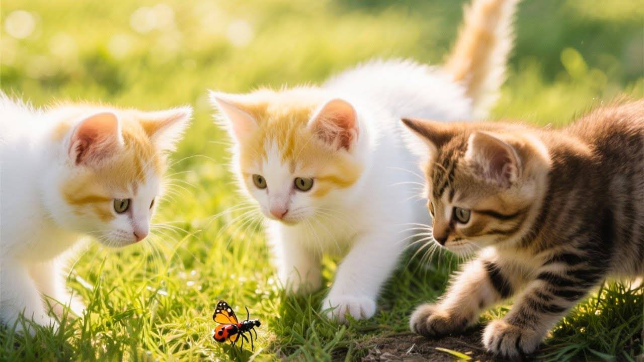 😹Милые пушистые комочки поймали бабочку и смотрят на неё🔥