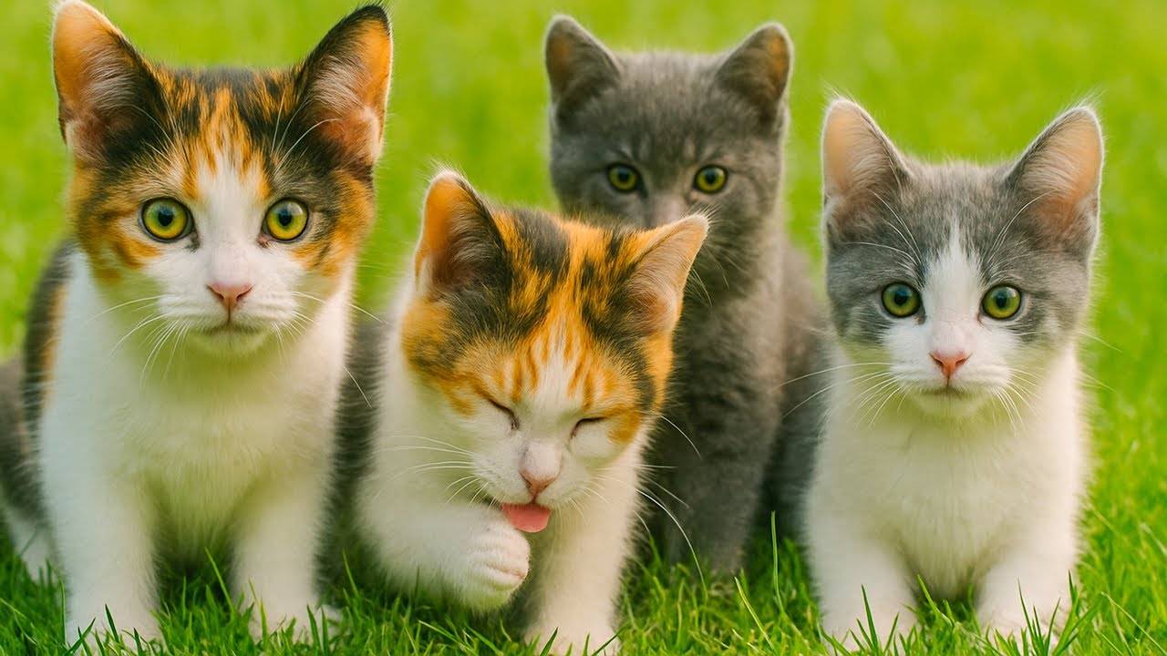 😹Милые Кошки и Котята лежат на траве, мяукают🔥