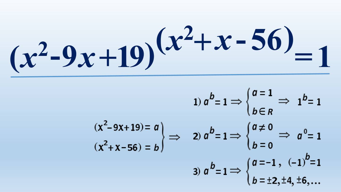 Алгебра.  Решите уравнение (x²-9x+19) ^ (x²+x-56) = 1