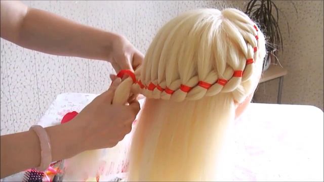 Коса из четырёх прядей с лентой и цветок из косы. Видео-урок