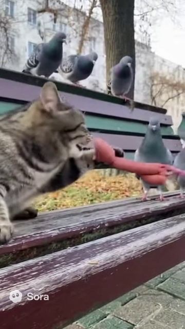 Голуби отбирают сосиски у кота
