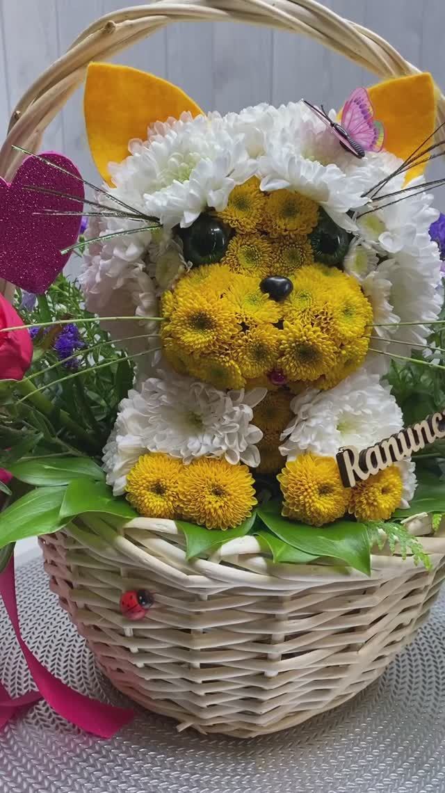 Котенок из живых цветов в корзинке