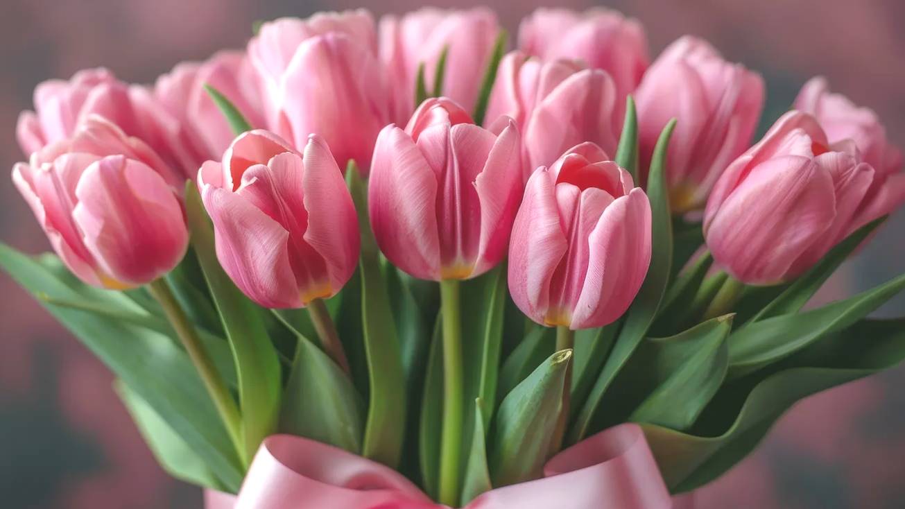 Музыкальная поздравительная открытка. Розовые тюльпаны.