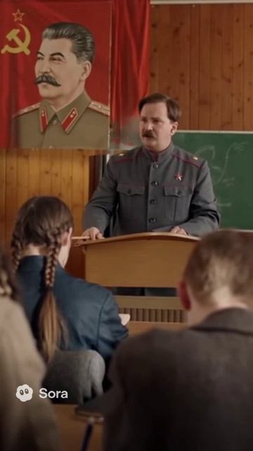 Партработник ведёт лекцию о партии и его вождя Сталина.