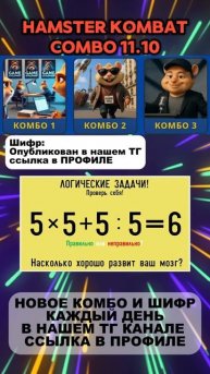 Hamster Kombat комбо и шифр в Хамстер Комбат на 11 октября #хомяк #загадка #combo #hamsterkombat