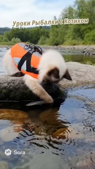 Котик учит ловить рыбу 🐟