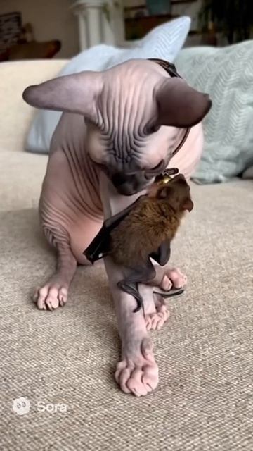 Сфинкс и летучая мышь — друзья, которых ты не ожидал увидеть!reels #sphynxcat #bat #animalfriends