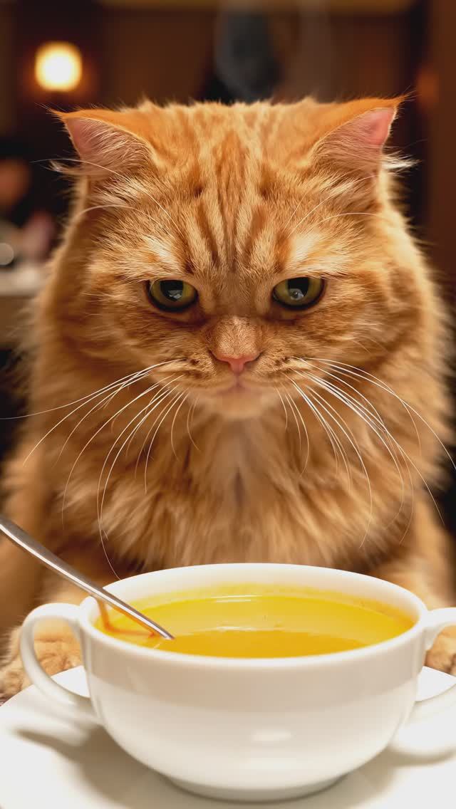 Котик ест суп ложкой