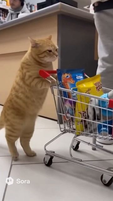 Умный котик катает тележку по магазину