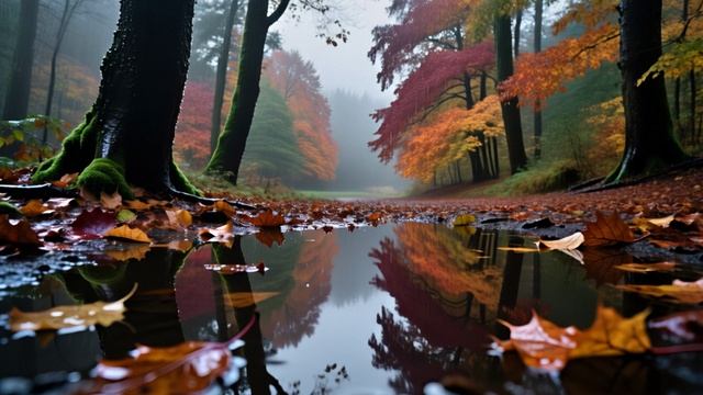 Осенний лес в дождь: зеркальная лужа, падающие листья и магия цветов 🍂🌧️