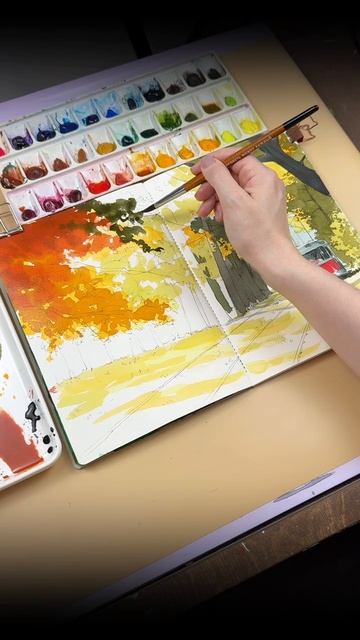 🍂 Новый урок в творческом клубе Dari Art!Сегодня рисуем осенний акварельный скетч с трамваем  🚎#