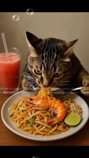 милый котик ест креветку с макаронами 😄🩷😺