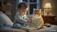 Кот и ребенок листают книгу