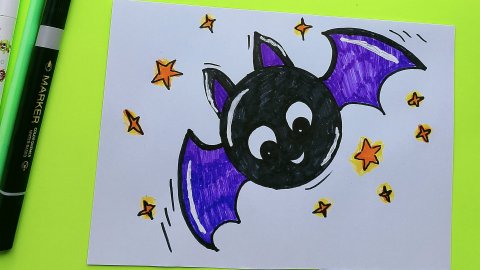 Простой рисунок на Хэллоуин с летучей мышкой! Как легко нарисовать летучую мышь! Рисунки для детей!