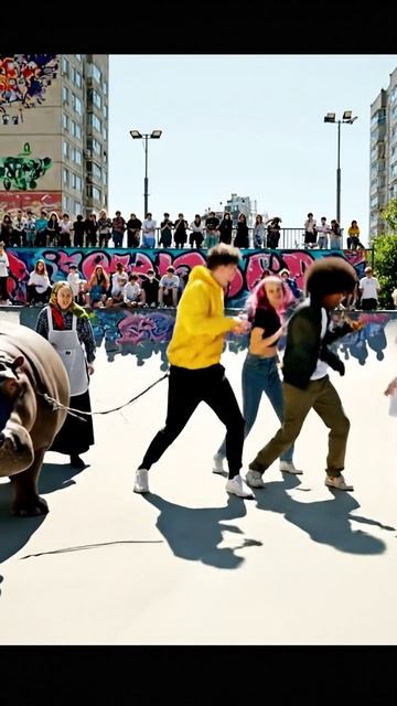 veo3 бабушка с бегемотом