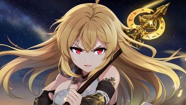 Аниме-аватар девушки-воина с золотыми волосами и алыми глазами, держащей древний магический посох;