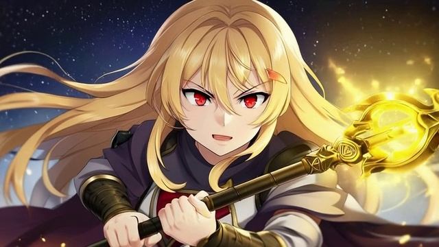 Аниме-аватар девушки-воина с золотыми волосами и алыми глазами, держащей древний магический посох;
