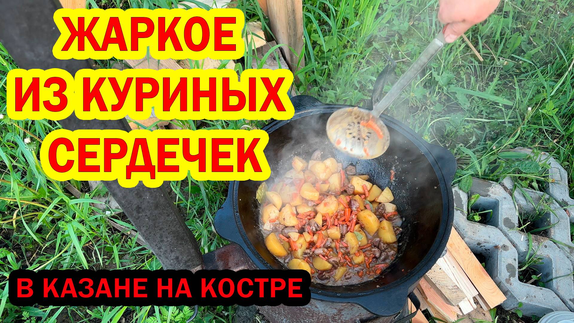 🔥 "Жаркое из куриных сердечек в казане на костре — Ароматная вкуснятина с дымком! 🍗🥔"