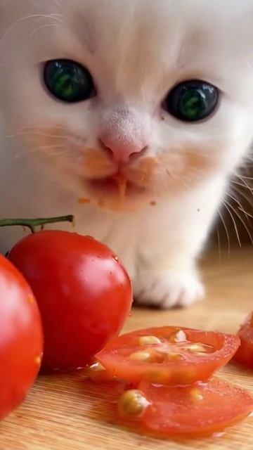 asmr котик ест томаты