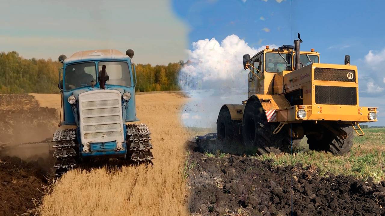 Советские трактора, КИРОВЕЦ, ДТ-75, Т-150, Т-40, ЮМЗ и МТЗ-80 пашут в полях.