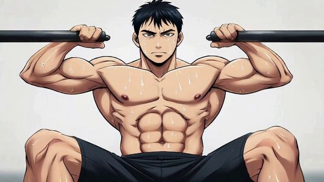 Парень топлес обливается потом. С прессом. Аниме-стиль. Качает пресс.