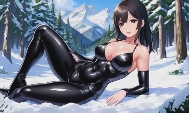 Аниме, в облегающем черном латексе в горах