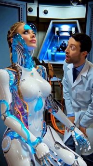 Humanoid Robot Glitch — Blue Liquid Energy Floods the Lab