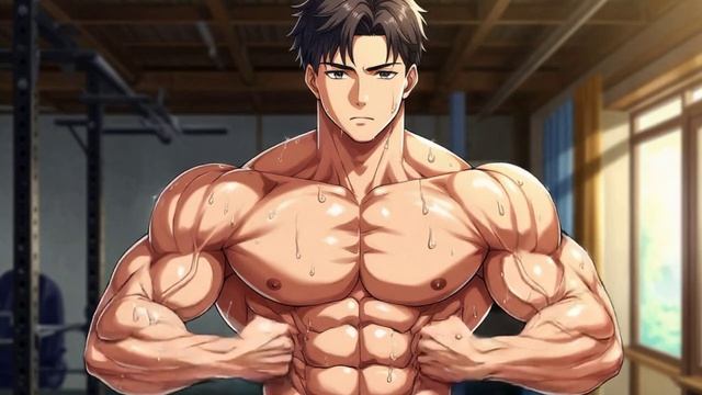 Парень обливается потом. С прессом. Аниме-стиль. Качает пресс.