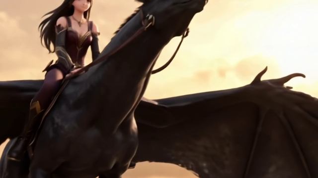 Аниме-стиль: девушка-наездница верхом на гигантском грифоне взмывает над облаками