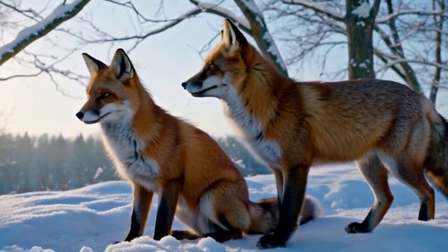 Лисы на снегу, раннее утро, солнечные лучи создают золотистые блики.