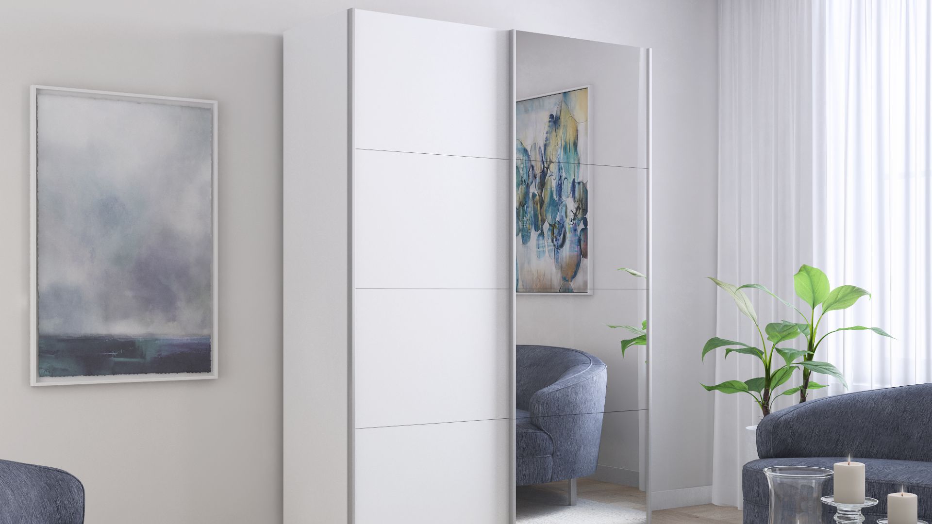 Обзор 2-х дверного шкафа серии "Прайм", Фасад: Белый снег / Зеркало, Корпус: Белый снег