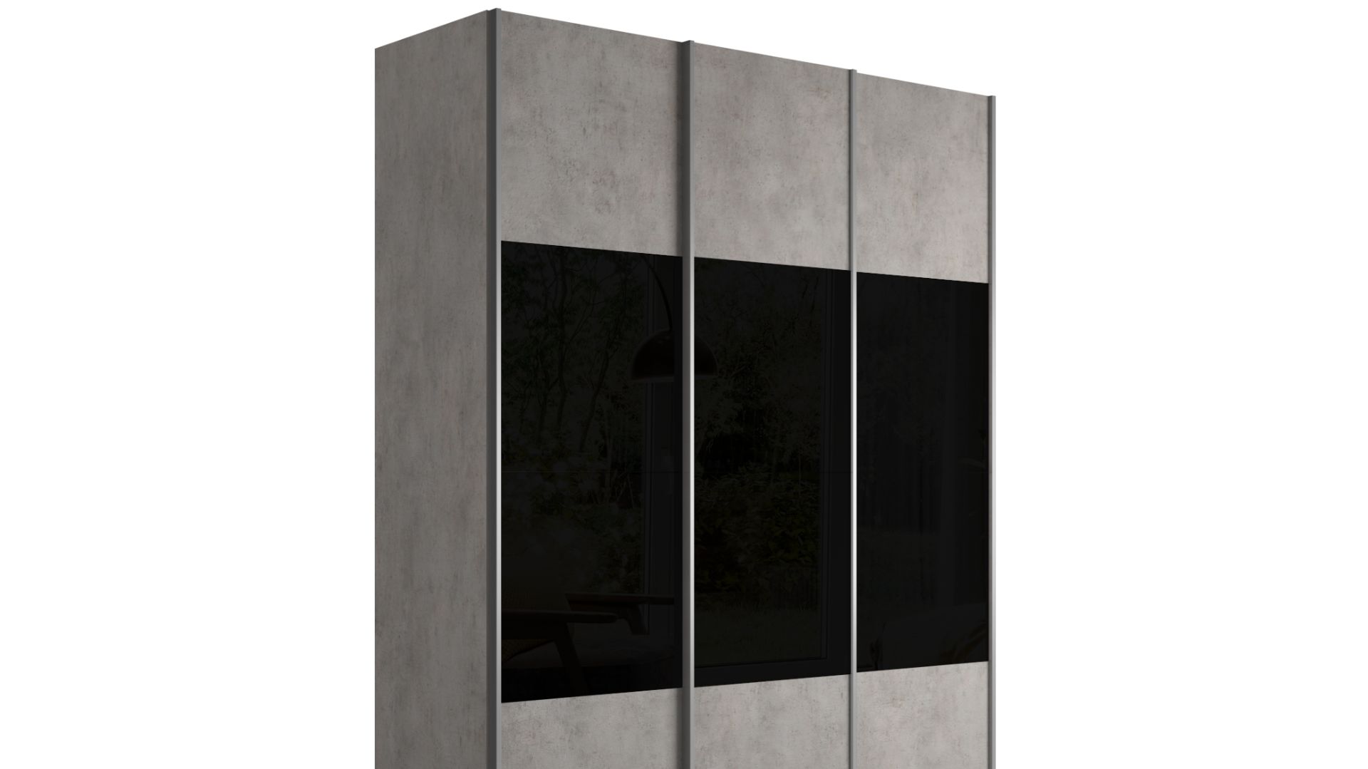 Обзор 3-х дверного шкафа серии "Прайм", Фасад: Бетон / Черное стекло. Корпус: Бетон