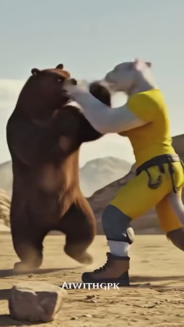 Кот спасает котенка от медведя.