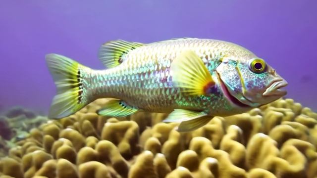 Фантастический сюжет: рыбка с необычной чешуёй плывёт между рифами.