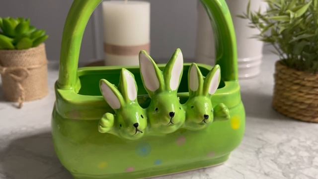 Конфетница-корзинка ТРИ УШАСТИКА, керамика, зелёная, 15 см, XPA23003211-1