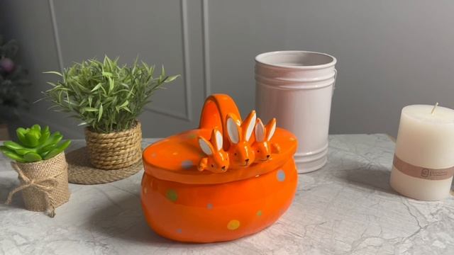 Конфетница с крышкой ТРИ УШАСТИКА, керамика, оранжевая, 17х15 см, XPA23003171-2
